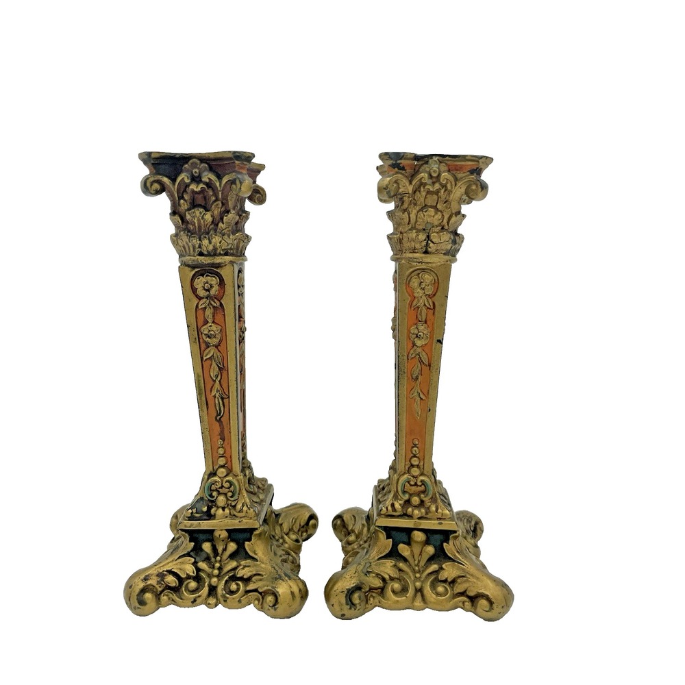 Antique Cast Metal Candlestick Pair Gold Art Nouveau Baroque Style 7.5" T‎